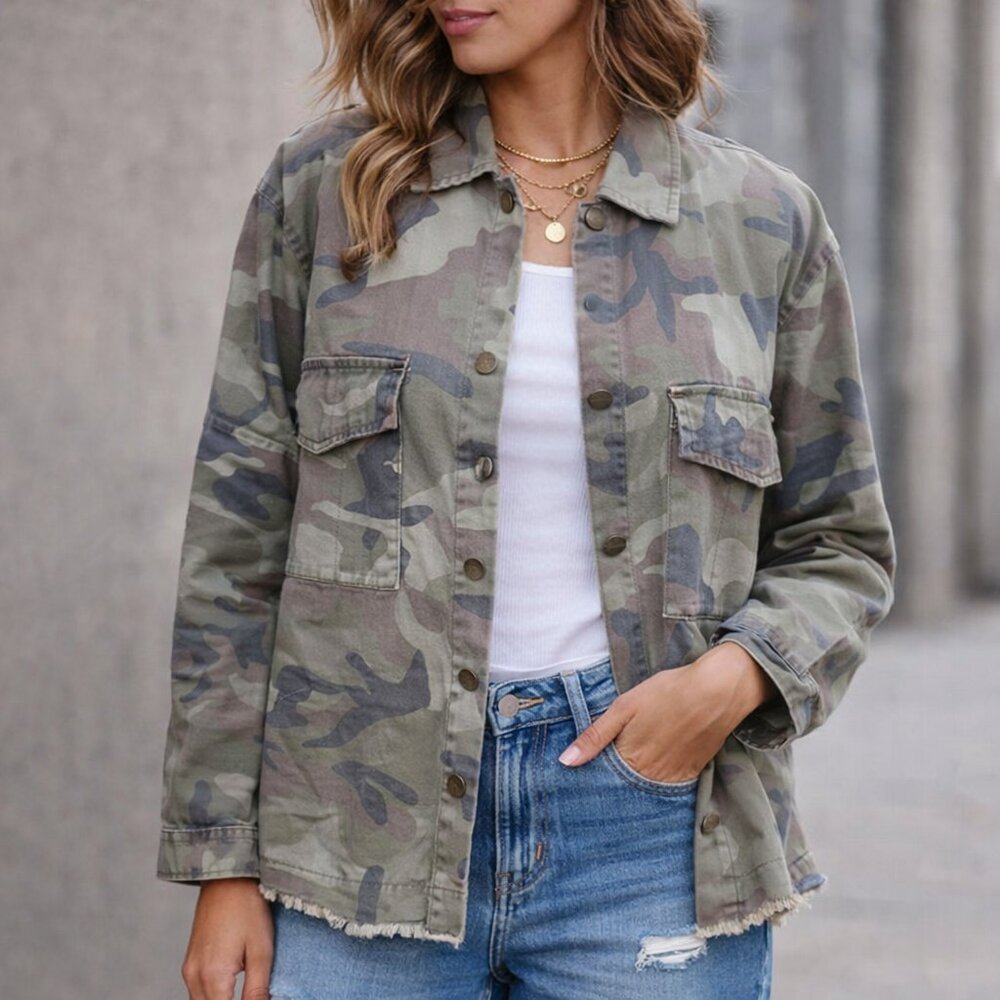 Sanctuary Camo Utility Jacket Raw Hem Military Style Size L